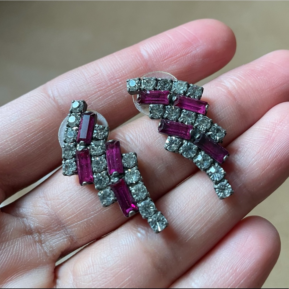 Vintage rhinestone earrings glam gem pink and white unique art deco